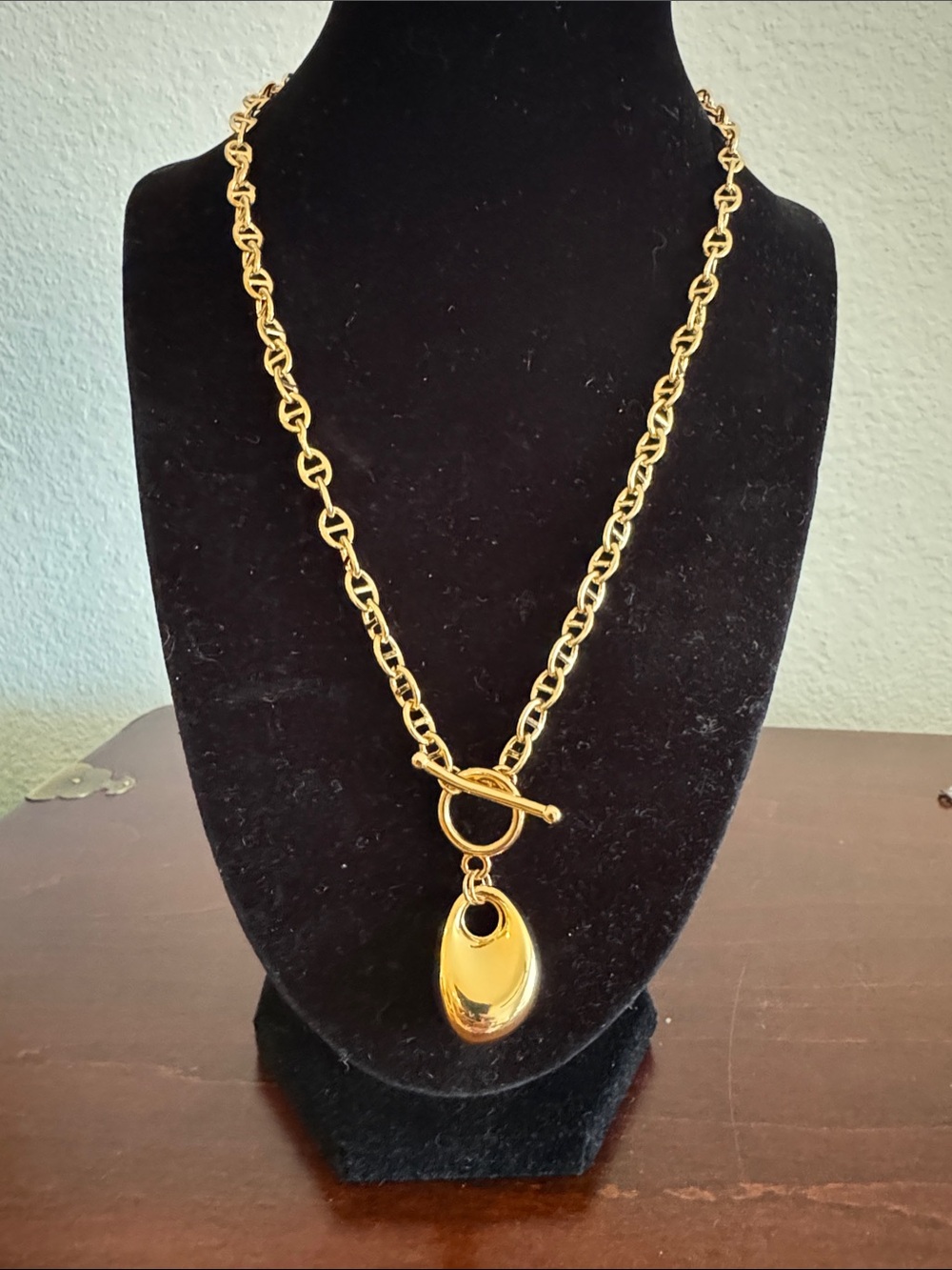 Gold Plated Brass Oval Pendant Toggle Necklace